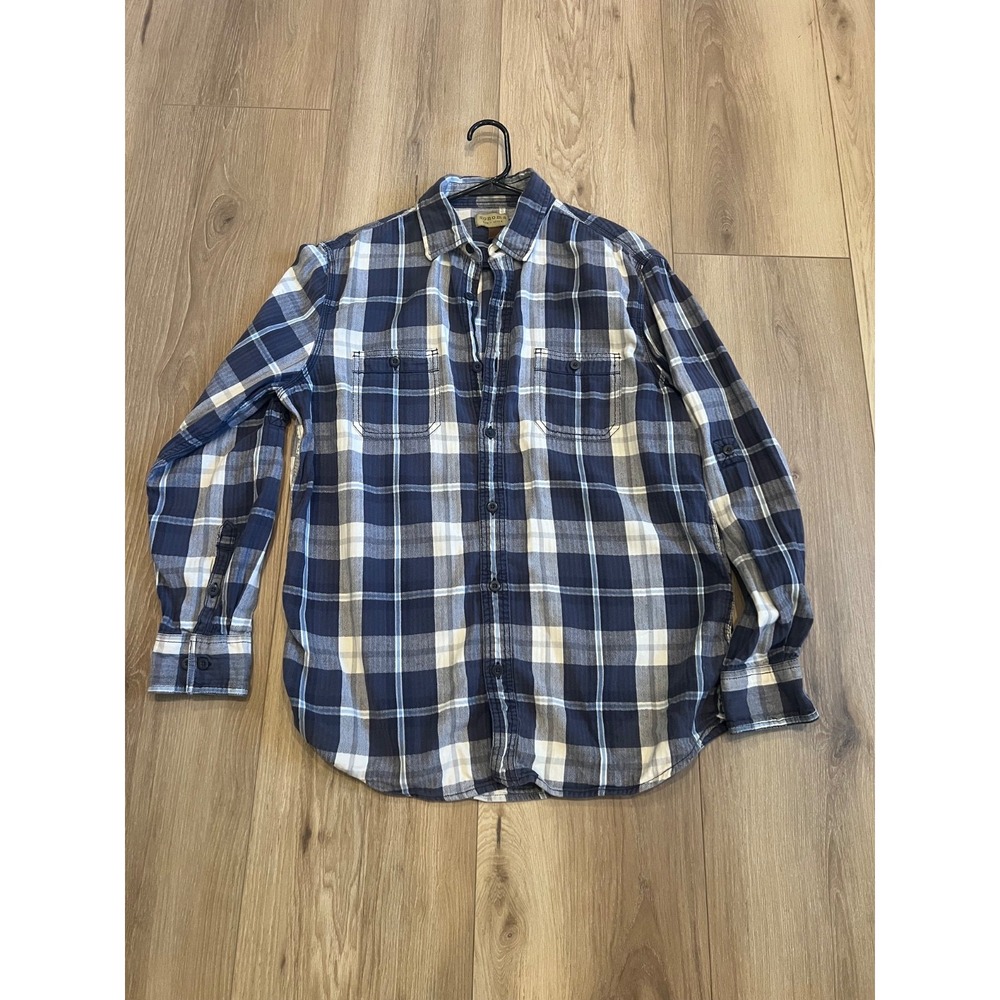 Sonoma Life + Style Men's Large Blue Plaid Flannel Button Down Shirt Roll Tab